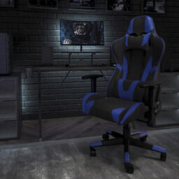 Fwstyle Black & Blue Reclining Gaming Chair Faux Leather With Adjustable Height, Lumbar & Headrest Support