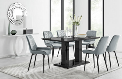 Furniturebox Imperia Black High Gloss 6 Seater Dining Table With Structural 2 Plinth Column Legs 6 Grey Velvet Black Leg Pesaro Chairs - image 1