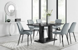 Furniturebox Imperia Black High Gloss 6 Seater Dining Table With Structural 2 Plinth Column Legs 6 Grey Velvet Black Leg Pesaro Chairs - thumbnail 1