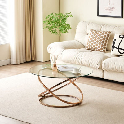 Comfy Living Round Abstract Tempered Glass Coffee Table Chrome Effect Frame In Gold - image 1