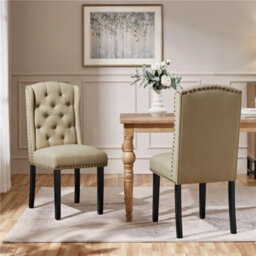 Khaki Dining Chairs Set Of 2 Button Tufted Upholstered Dining Chairs With Wing Design - thumbnail 4