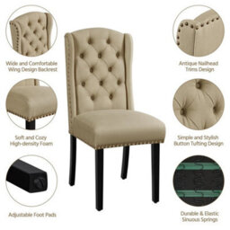 Khaki Dining Chairs Set Of 2 Button Tufted Upholstered Dining Chairs With Wing Design - thumbnail 6