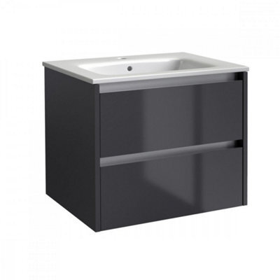 Clifton Bathroom 2-Drawer Wall Hung Vanity Unit With Basin 600mm Wide - Storm Grey Gloss - (Urban) - Brassware Not Included - image 1