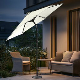 Sundaze Cream 2.5M  Round Garden Parasol Umbrella Outdoor Patio Solar Led Lights Crank Tilt With Base - thumbnail 1