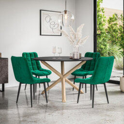 More4Homes Malvern Round Dining Table And Chairs -  Black Table Top W Solid Oak Legs + Nova Velvet Dining Chair Set Of 4 (Green)