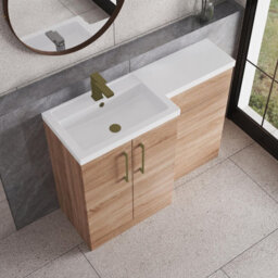 Balterley Left-Hand Bathroom Vanity And Wc Unit Combination With Basin - 1100mm - Woodgrain Light Oak With Brushed Brass Handles - thumbnail 3