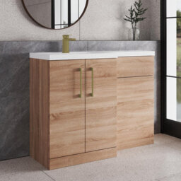 Balterley Left-Hand Bathroom Vanity And Wc Unit Combination With Basin - 1100mm - Woodgrain Light Oak With Brushed Brass Handles - thumbnail 4