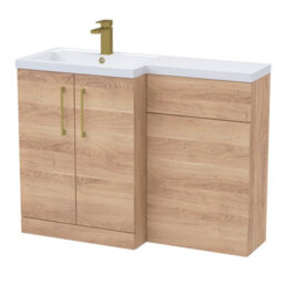 Balterley Left-Hand Bathroom Vanity And Wc Unit Combination With Basin - 1100mm - Woodgrain Light Oak With Brushed Brass Handles - thumbnail 1