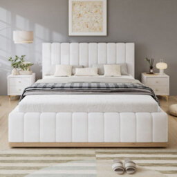 Merax 4Ft6 Double Upholstered Bed 135 X 190 Cm, Pu Bed Frame With Soft Padded Headboard, Easy-Care Design, Beige - thumbnail 2