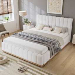 Merax 4Ft6 Double Upholstered Bed 135 X 190 Cm, Pu Bed Frame With Soft Padded Headboard, Easy-Care Design, Beige - thumbnail 3