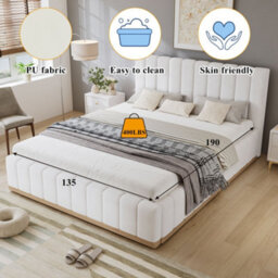 Merax 4Ft6 Double Upholstered Bed 135 X 190 Cm, Pu Bed Frame With Soft Padded Headboard, Easy-Care Design, Beige - thumbnail 5