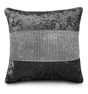 Intimates Crushed Velvet Luxury Cushion, Diamante Detail, Zip Closure, Elegant Sofa And Living Room Decor - Charcoal