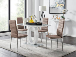 Furniturebox Giovani Rectangular 4 Seat White High Gloss Unique Halo Dining Table Grey Glass Top 4 Wbeige Faux Leather Silver Leg Milan Chairs