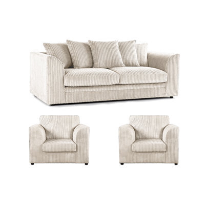 Furnishings For Less UK Luxor Jumbo Cord 3 + 1 + 1 Fabric 3 Piece Sofa Suite - Scatter Back Cream - image 1