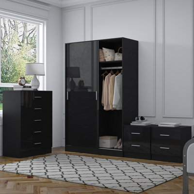 Reflect 2 Door Sliding Wardrobe, 5 Drawer Chest, 2X 2 Drawer Bedsides - Black Gloss & Black Oak - Modern Bedroom Furniture Set - image 1