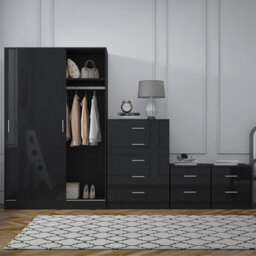 Reflect 2 Door Sliding Wardrobe, 5 Drawer Chest, 2X 2 Drawer Bedsides - Black Gloss & Black Oak - Modern Bedroom Furniture Set - thumbnail 3
