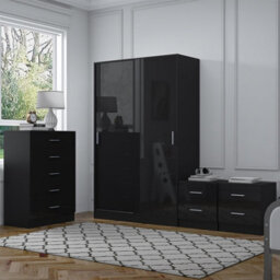 Reflect 2 Door Sliding Wardrobe, 5 Drawer Chest, 2X 2 Drawer Bedsides - Black Gloss & Black Oak - Modern Bedroom Furniture Set - thumbnail 2