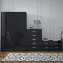 Reflect 2 Door Sliding Wardrobe, 5 Drawer Chest, 2X 2 Drawer Bedsides - Black Gloss & Black Oak - Modern Bedroom Furniture Set - thumbnail 4