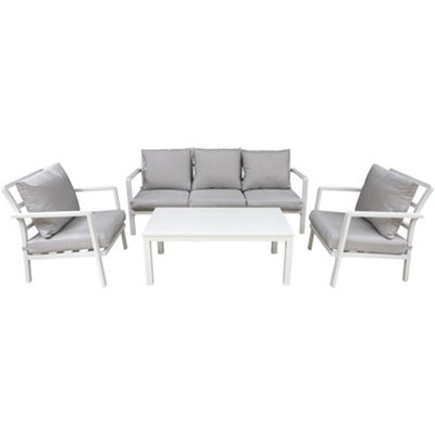 Loops Premium 5 Seater Garden Coffee Table Set - White Aluminium Sofa & Grey Cushions - image 1