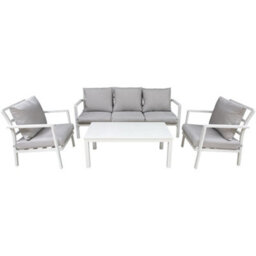 Loops Premium 5 Seater Garden Coffee Table Set - White Aluminium Sofa & Grey Cushions