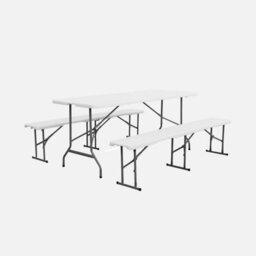 Sweeek - Foldable Plastic Reception Table With Bench White 180X69.5X73.5 Cm - Fiesta Reception Set (Table + Benches)