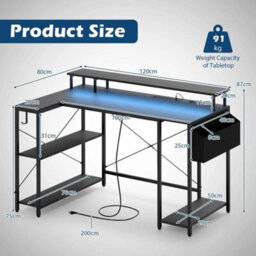 L Shaped Gaming Desk 120 Cm Computer Desk With Led Lights Black - thumbnail 2