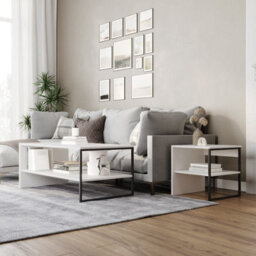 Urbn-Living Urbnliving 100Cm Width White Steel Frame Wooden Coffee Table & 2 X 40Cm Sofa Side End Open Storage Unit - thumbnail 1