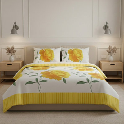 Reversible Floral Duvet Set Elegant Flower Stripe Pattern Bedding For Home Decor Yellow - image 1