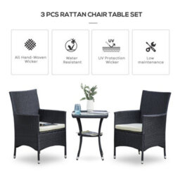 Wyld Haus Rafifi Black Rattan 3-Piece Outdoor Bistro Set With Cushions And 2-Tier Coffee Table - thumbnail 5