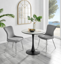 Furniturebox Uk Elina White Marble Effect Round Dining Table & 2 Light Grey Nora Silver Leg Chairs