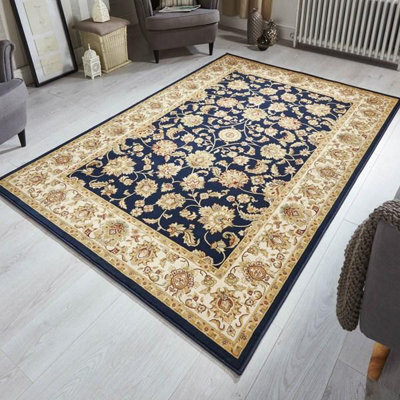 Persian Bordered Easy To Clean Blue Floral Traditional Rug For Dining Room-80Cm X 140Cm - image 1