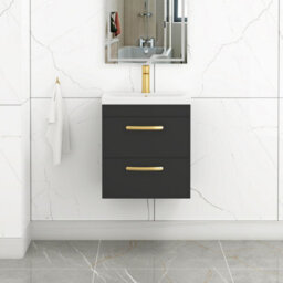Royal Bathrooms Turin 500mm Wall Hung Vanity Unit Matt Black 2 Drawer Mid-Edge Basin With Brushed Brass Handles - thumbnail 1