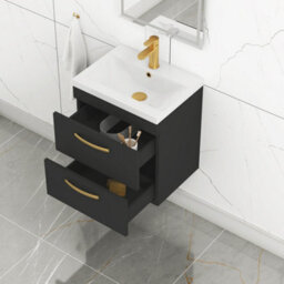 Royal Bathrooms Turin 500mm Wall Hung Vanity Unit Matt Black 2 Drawer Mid-Edge Basin With Brushed Brass Handles - thumbnail 5