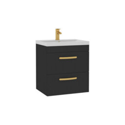 Royal Bathrooms Turin 500mm Wall Hung Vanity Unit Matt Black 2 Drawer Mid-Edge Basin With Brushed Brass Handles - thumbnail 6