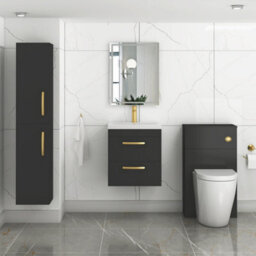 Royal Bathrooms Turin 500mm Wall Hung Vanity Unit Matt Black 2 Drawer Mid-Edge Basin With Brushed Brass Handles - thumbnail 4