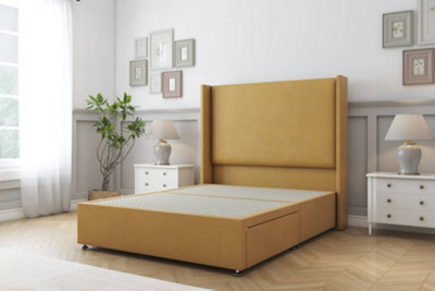 "Sloomy Devonshire Mustard Plush Divan Bed Base 2 Drawers Foot-End With 54"" Wingback Headboard 5' King" - image 1