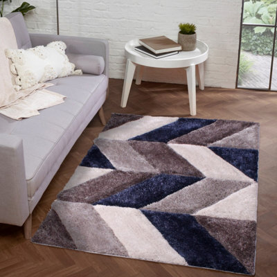 Navy Shaggy Modern Sparkle Geometric Easy To Clean Rug For Dining Room Bed Room And Living Room-60Cm X 110Cm