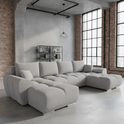 Logo U Shaped Corner Sofa Bed With Storage Reversible Light Grey Velvet Upholstery Modern Design - image 1