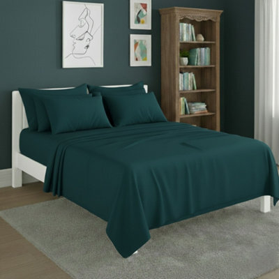 Plain Poly Cotton Easy Care Fitted Flat Sheet Matching Pillowcases Set Teal - image 1