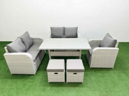 Fimous High Back Poly Rattan Garden Furniture Set Reclining Chair Loveseat Sofa Indoor Outdoor Set 2 Stool Light Grey - thumbnail 1