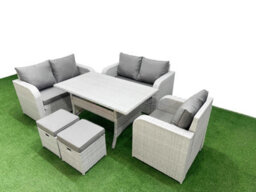 Fimous High Back Poly Rattan Garden Furniture Set Reclining Chair Loveseat Sofa Indoor Outdoor Set 2 Stool Light Grey - thumbnail 2