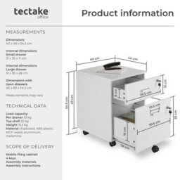 Tectake Filing Cabinet - 2 Rolling,  Lockable Drawers, Fits A4 Documents - 1 - White - thumbnail 6