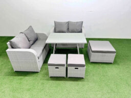 Fimous 7 Seater Outdoor Love Sofa Set Rattan Garden Furniture Set With Rectangular Dining Table 3 Footstools Light Grey - thumbnail 1