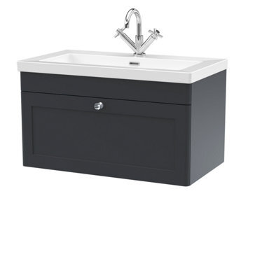 Balterley Swynnerton Traditional 1 Drawer Wall Hung Vanity Unit With Fireclay Basin, Dark Grey, 800mm - image 1
