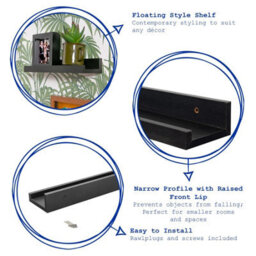 Harbour Housewares 3X Floating Picture Ledge Shelves - Black 57Cm Mdf Wall Mounted Display For Photos, Frames & Décor - thumbnail 2