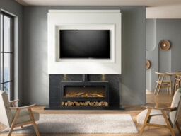 Acantha Pre-Built Black Marble Effect Media Wall 3 With Vision Electric Media Stove & Log Store In Black