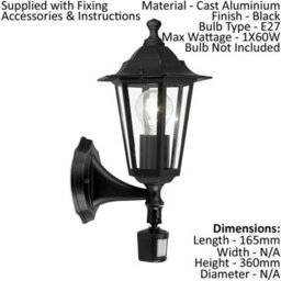 Ip44 Outdoor Wall Light With Pir Sensor - Stylish Black Aluminium Lantern For E27 Bulb - thumbnail 2