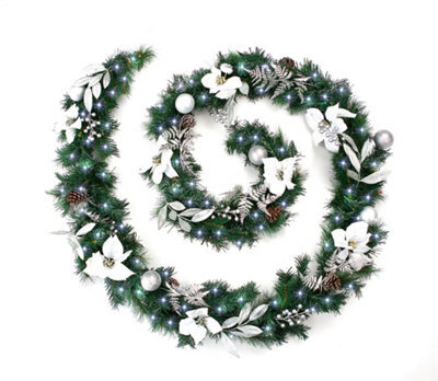 Best Artificial 12Ft White & Silver Decorated Christmas Garland With 100 Bright White Battery Lights - image 1