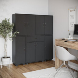Urbn-Living Urbnliving Height 140Cm 8 Door & 12 Shelf Black Bookshelf 1 Drawer Storage Cabinet Bookcase Cupboard Display - thumbnail 5