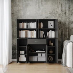 Urbn-Living Urbnliving Height 140Cm 8 Door & 12 Shelf Black Bookshelf 1 Drawer Storage Cabinet Bookcase Cupboard Display - thumbnail 4